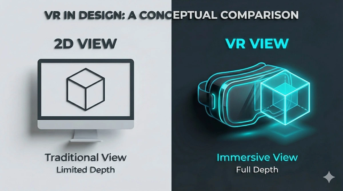 Split screen comparison showing flat 2D monitor viewing versus immersive Virtual Reality 3D visualization for engineering design.