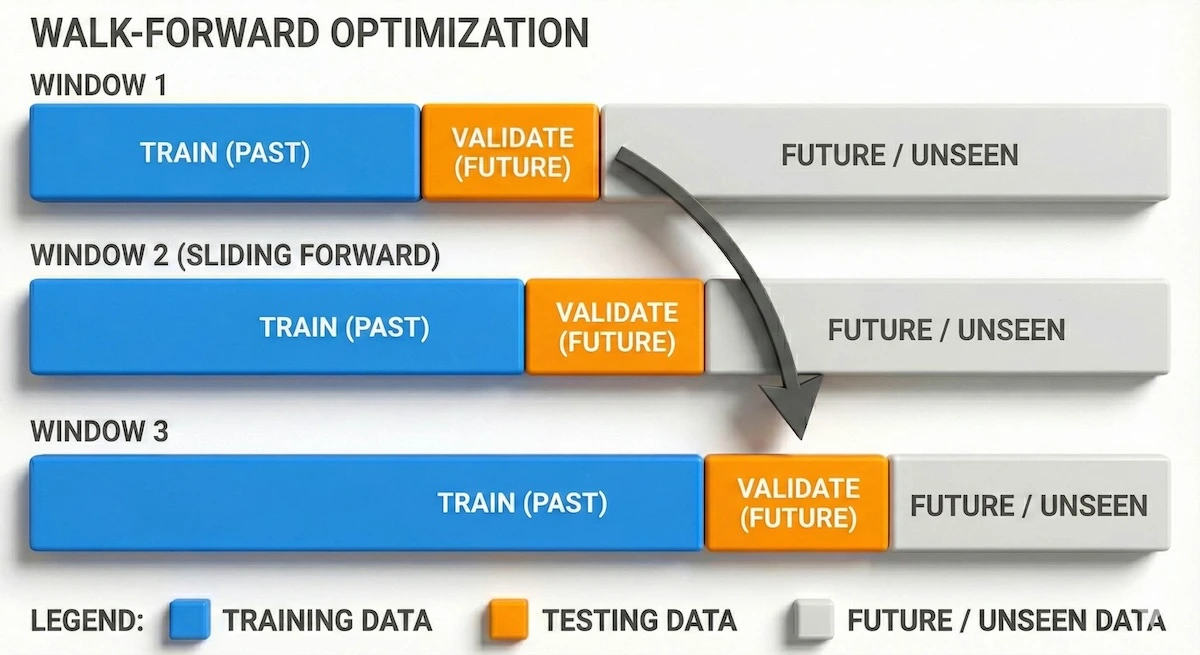 Walk-forward optimization diagram showing training and testing windows sliding forward in time to prevent overfitting in financial models.