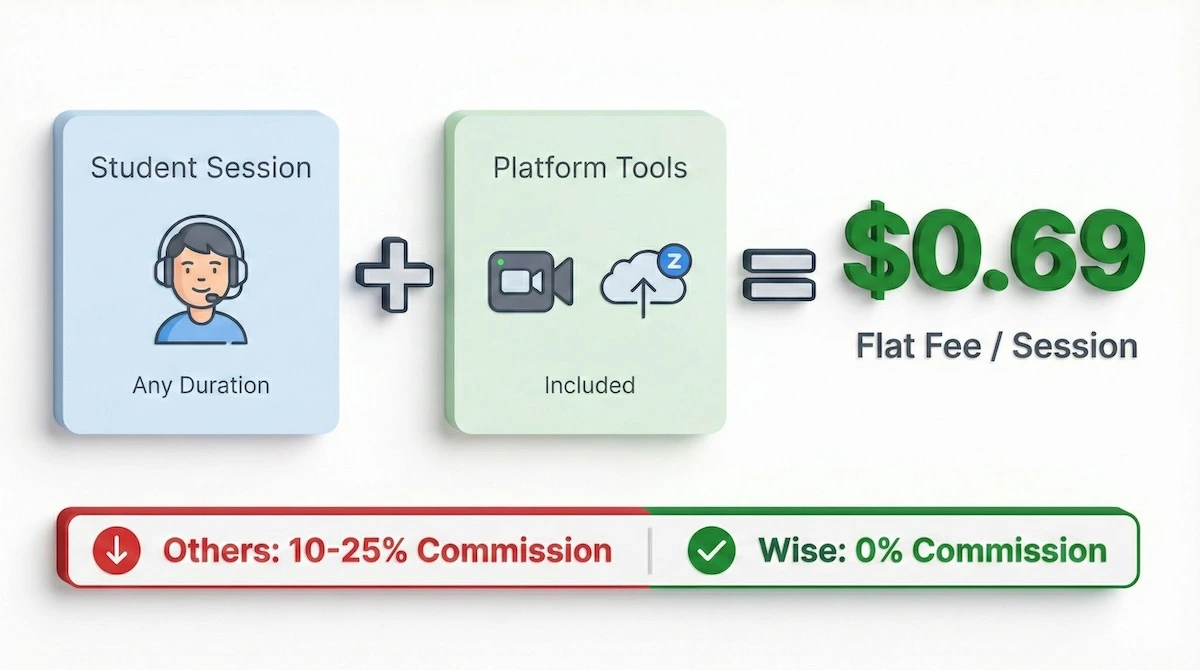 Pricing infographic showing Wise charges a flat $0.69 fee per session with zero commission and included Zoom integration.