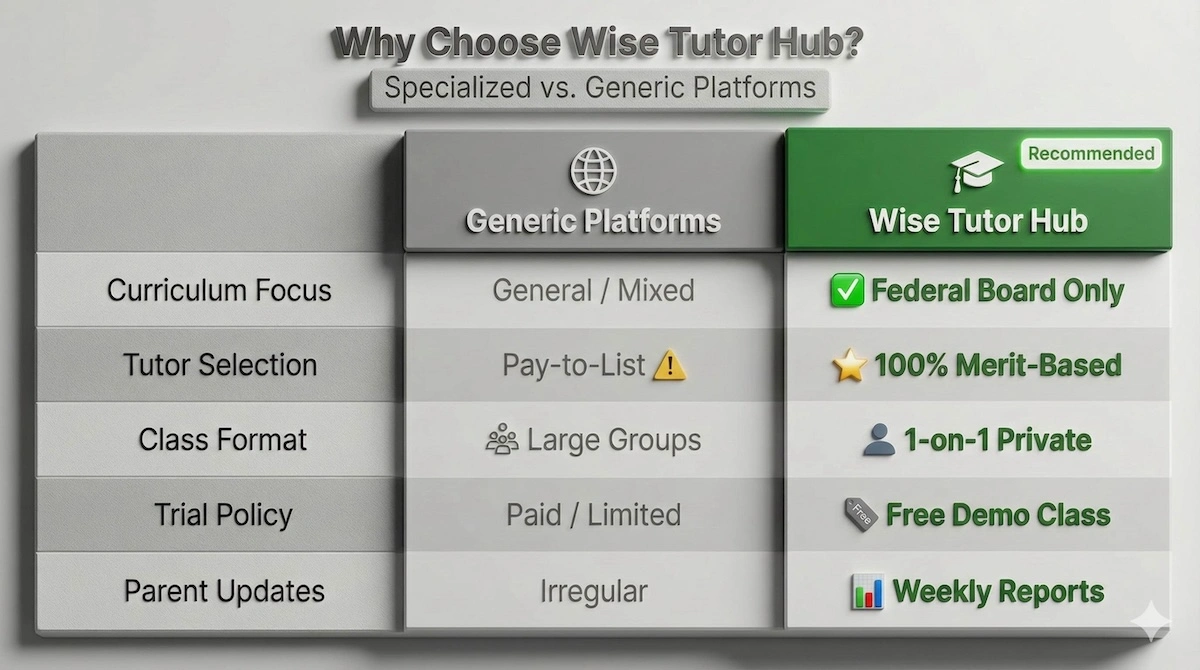 Comparison table showing Wise Tutor Hub advantages over generic platforms: Federal Board focus, merit-based tutor selection, 1-on-1 classes, free demos, and weekly reporting.