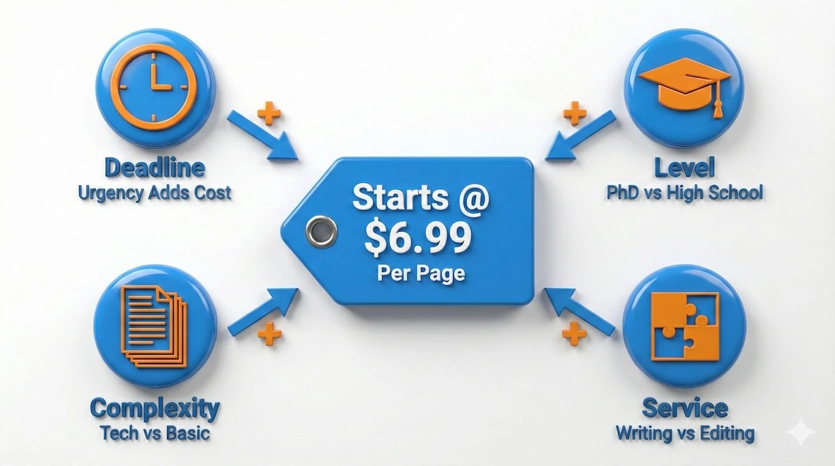 Infographic showing factors affecting WritePaperFor.me pricing: deadline, academic level, complexity, and service type increasing the $6.99 base rate.