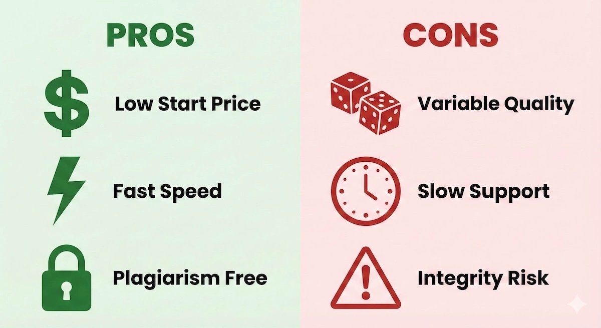 Pros and cons list for WritePaperFor.me highlighting low price and speed vs variable quality, slow support, and integrity risks.