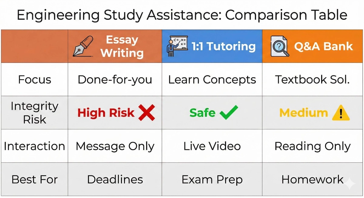 Comparison table of WritePaperFor.me vs My Engineering Buddy vs Chegg showing differences in focus, integrity risk, and interaction style.