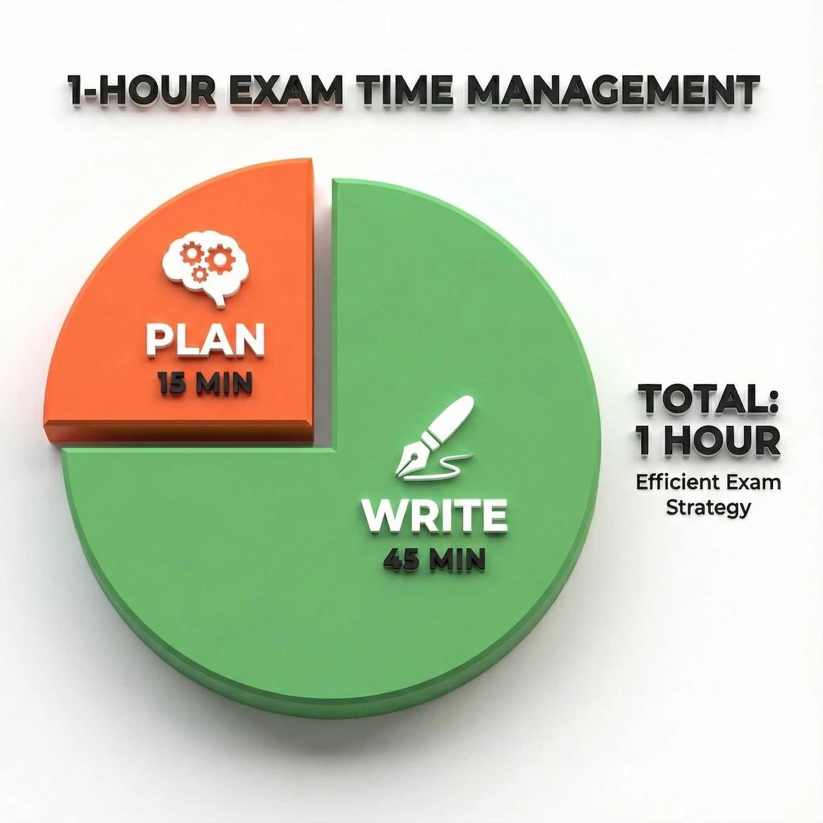 Pie chart showing recommended exam time split: 15 minutes for planning and 45 minutes for writing.