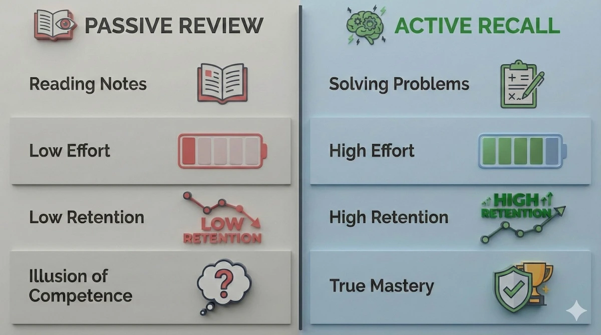 Comparison table showing Passive Review (low retention, reading notes) versus Active Recall (high retention, solving problems) for exam preparation.
