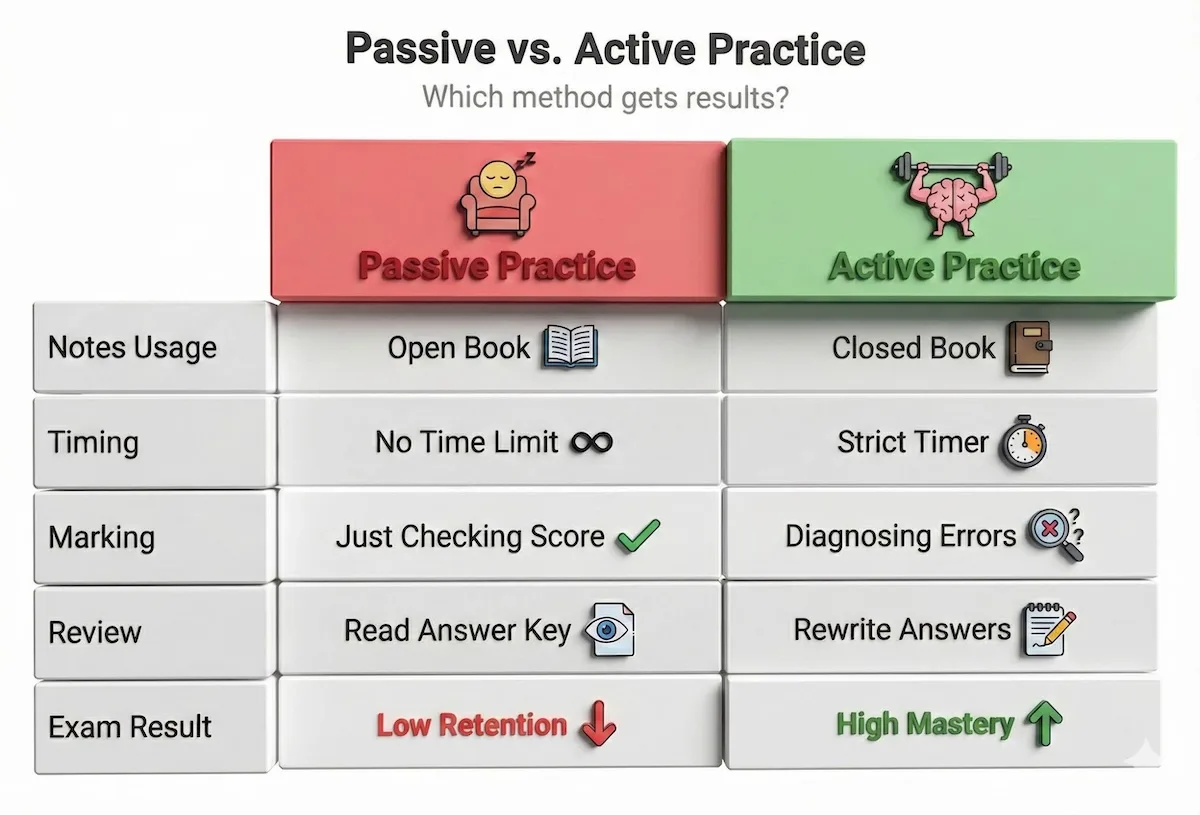 Comparison table showing differences between passive practice (open book, untimed) and active practice (closed book, timed, error diagnosis).