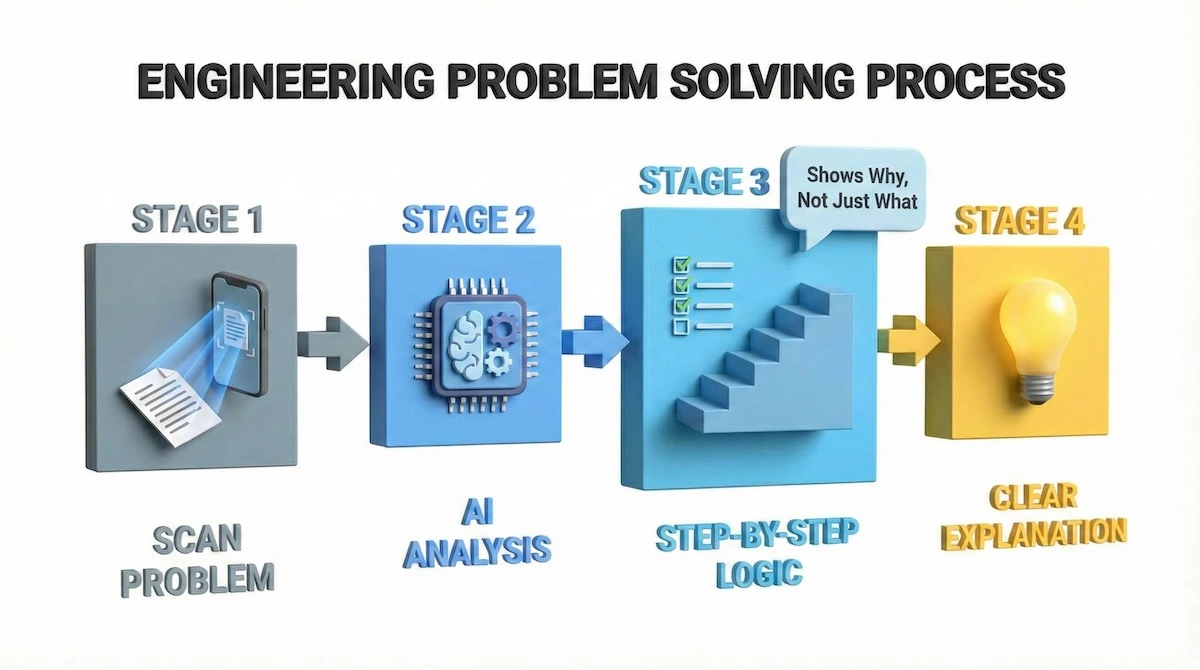 Process diagram showing how AI math solvers work: Scanning the problem, analyzing via AI, generating step-by-step logic, and providing clear explanations.