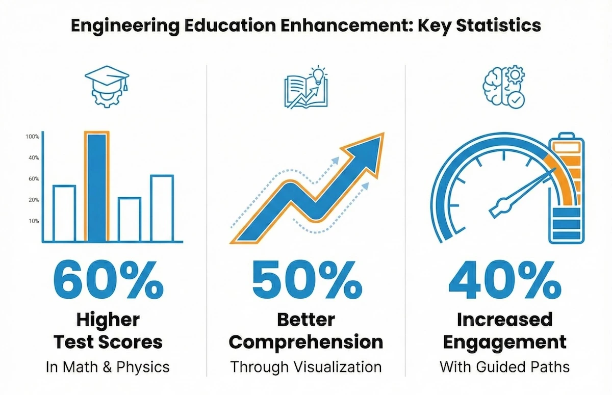 Bar chart infographic showing AI benefits: 60% higher test scores, 50% better comprehension, and 40% increased engagement in STEM learning.