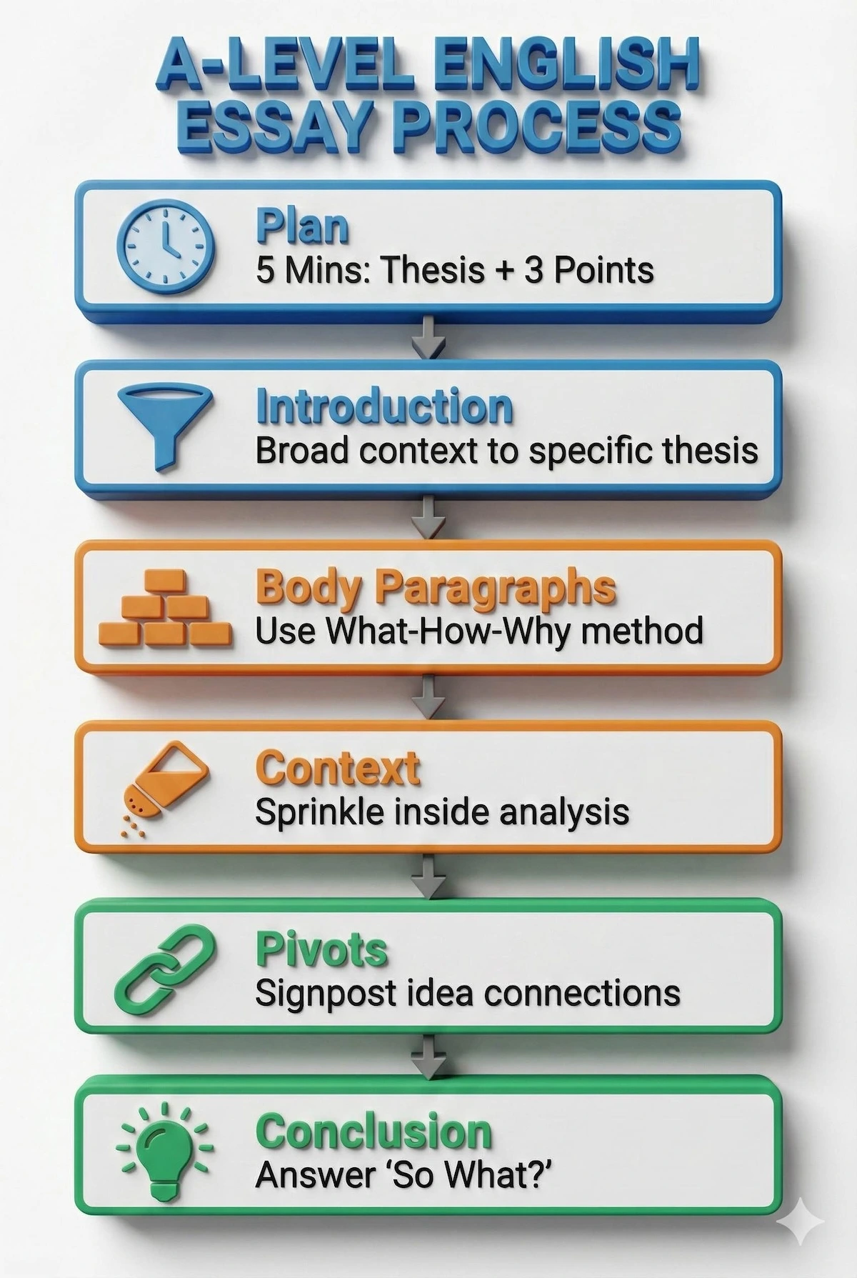Vertical flowchart showing the 6-step A-Level essay writing process: Plan, Introduction, Body Paragraphs, Context, Pivots, and Conclusion.