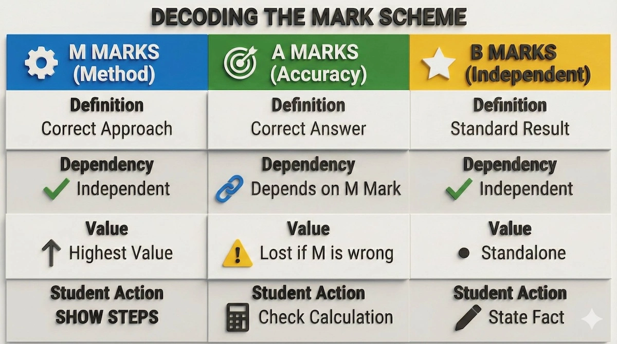 Comparison table of Edexcel A-Level Maths marking points: Method (M) marks, Accuracy (A) marks, and B marks explained.