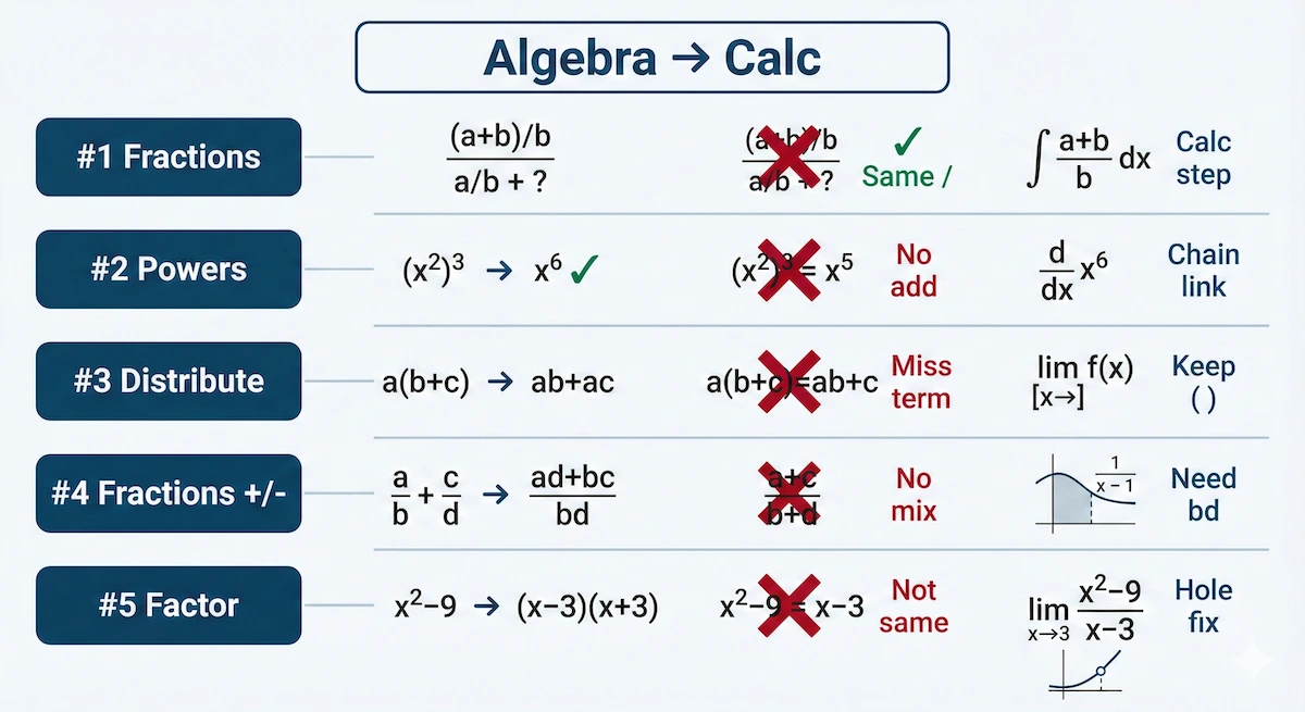 Visual map of 5 common algebra mistakes that hurt calculus work, with tiny examples for fractions, powers, brackets, fractions and factoring.