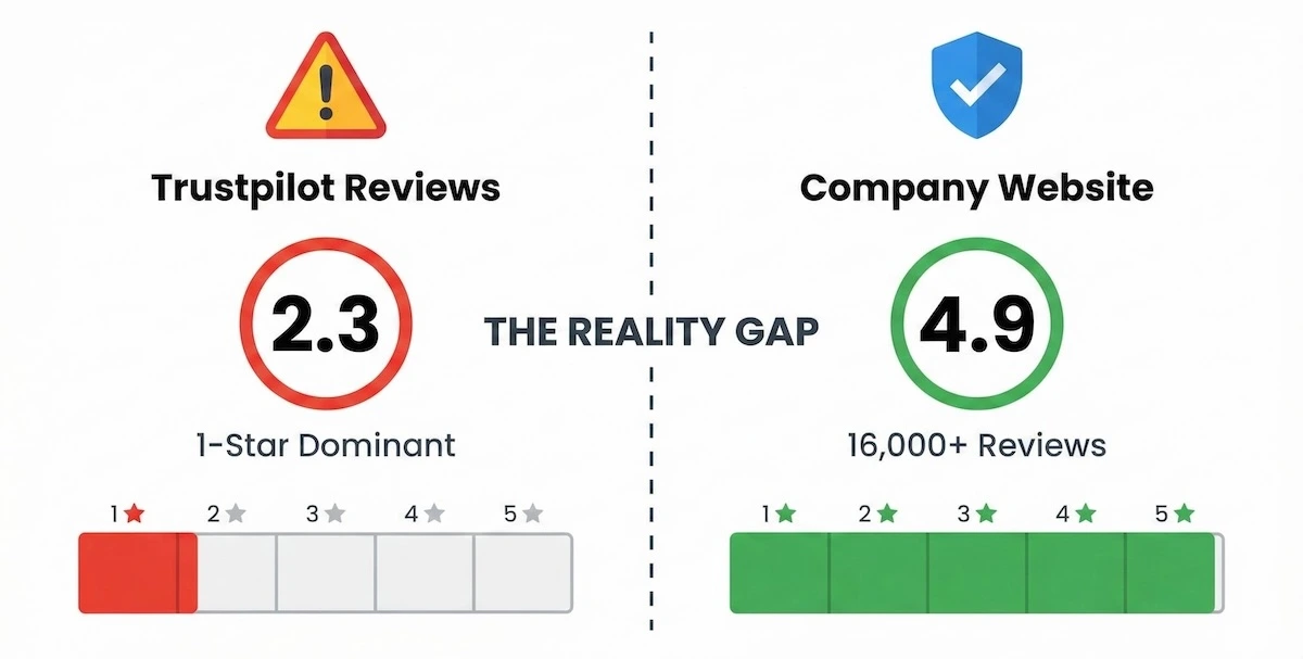 Comparison bar chart showing All Assignment Experts low 2.3 Trustpilot score versus their claimed 4.9 website rating, highlighting the credibility gap.