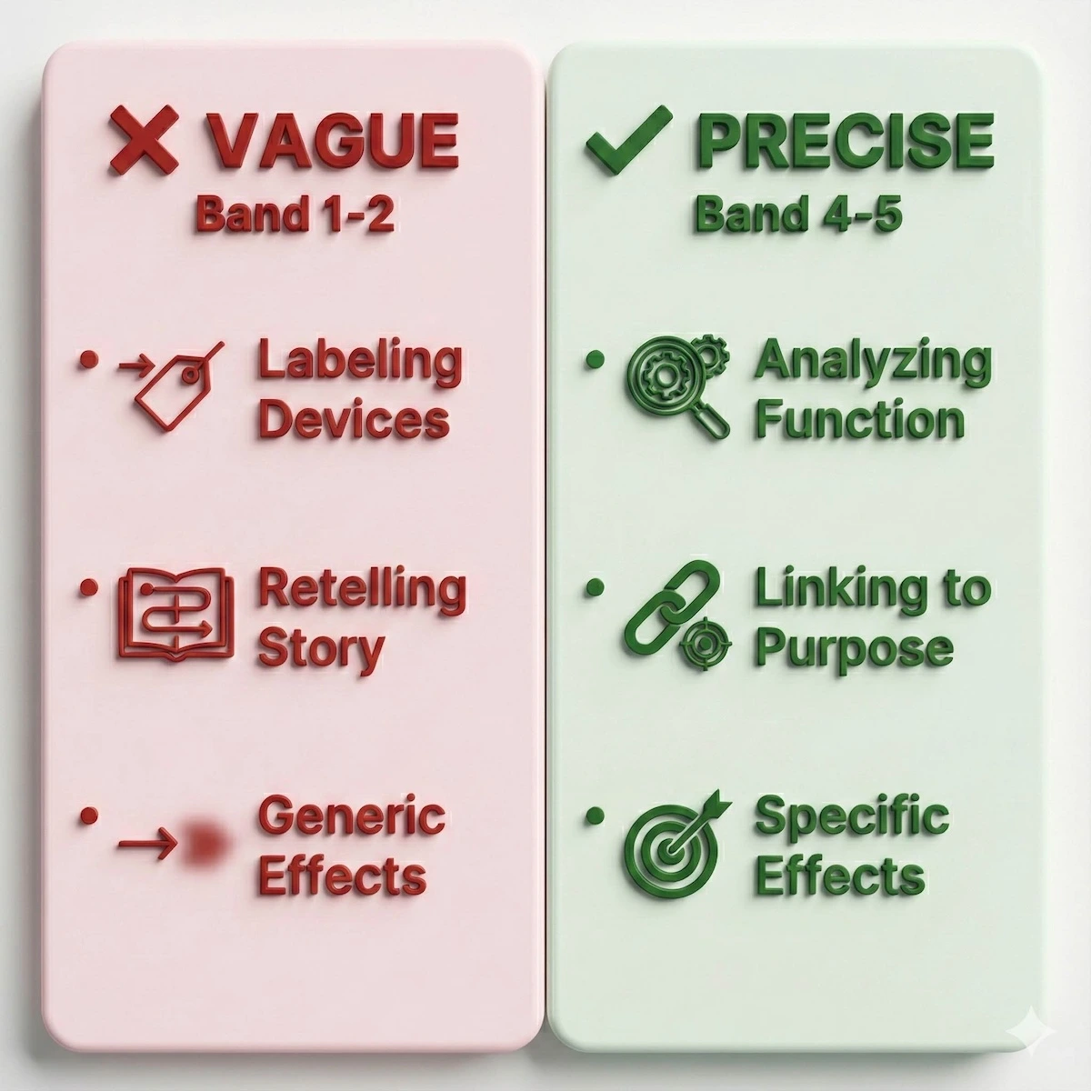 Comparison table showing vague analysis (Labeling devices) versus precise analysis (Linking to purpose).