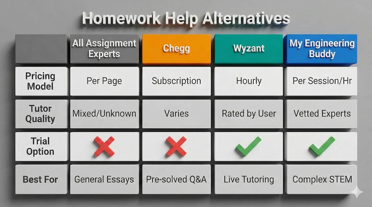 Comparison table of All Assignment Experts vs Chegg, Wyzant, and My Engineering Buddy showing pricing models, tutor quality, and trial availability.