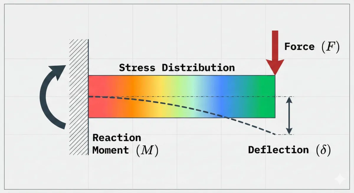Technical diagram of a cantilever beam showing force application, deflection, and a heat-map style stress distribution gradient generated by AI analysis.