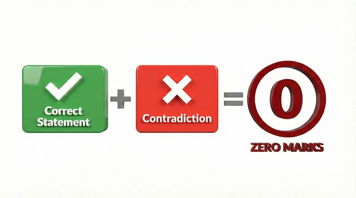 Visual formula showing biology marking rule: A correct statement plus a contradictory wrong statement results in zero marks.