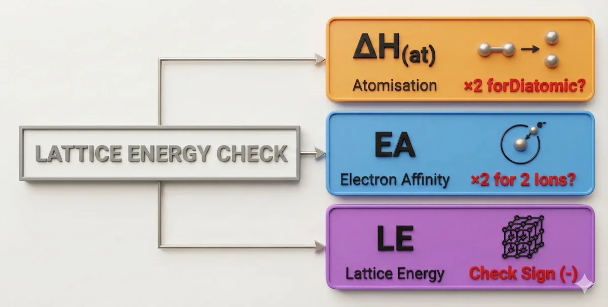 Born-Haber cycle calculation checklist highlighting common errors: multiplying atomisation and affinity by 2, and checking lattice energy signs.