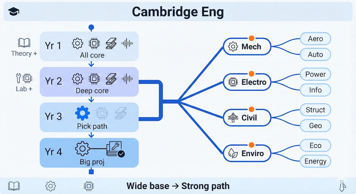 Cambridge Engineering Broad-to-Specialist Path Diagram Diagram of the Cambridge Engineering course path from broad core in years 1–2 to specialised branches in years 3–4