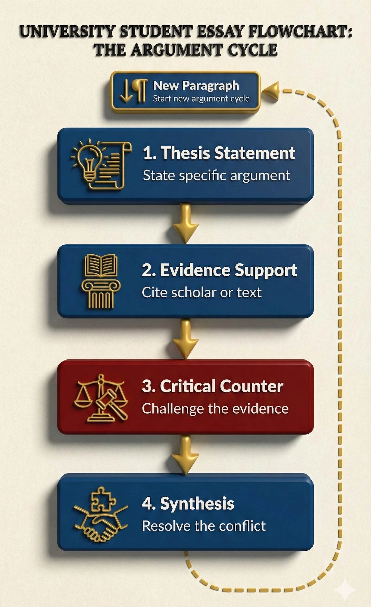Vertical flowchart illustrating the Thesis-Critique-Synthesis paragraph structure for Cambridge Biblical Studies essays, showing the four-step cycle of argument, evidence, counter-point, and resolution.