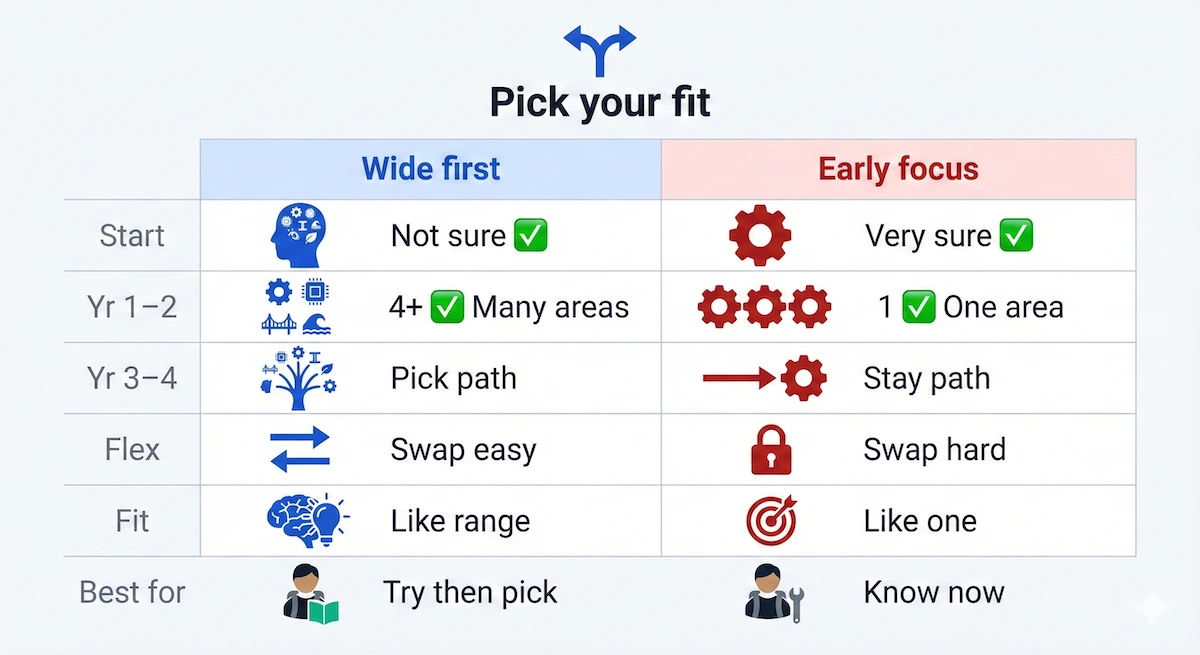 Cambridge vs Single-Branch Engineering Comparison Table comparing a broad Cambridge-style engineering course with a single-branch course across start point, early years, later years, and flexibility.
