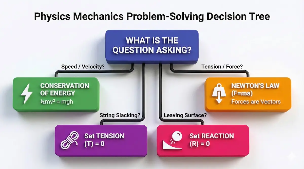 Physics decision tree for vertical circular motion: Use Energy for speed, F=ma for tension, T=0 for slacking strings, and R=0 for leaving surface.