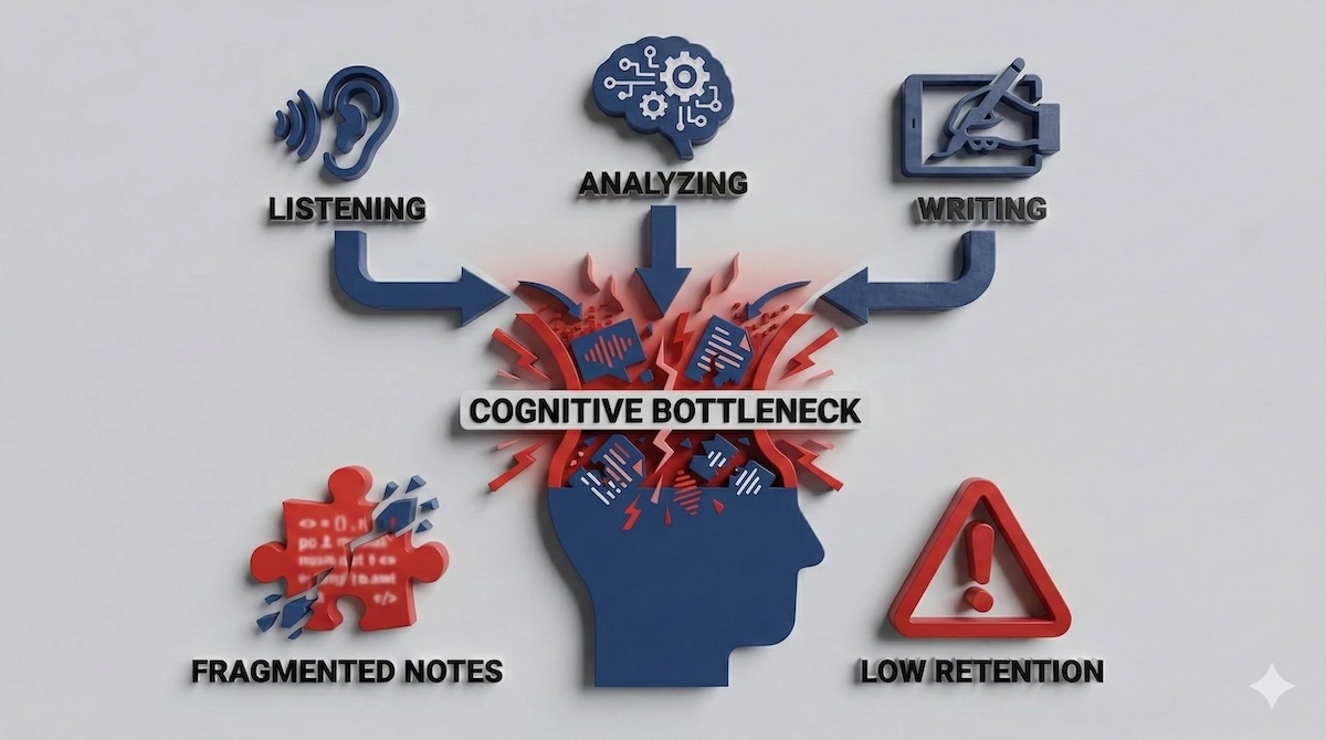 Illustration showing the cognitive bottleneck when engineering students try to listen, analyze, and write simultaneously during lectures.