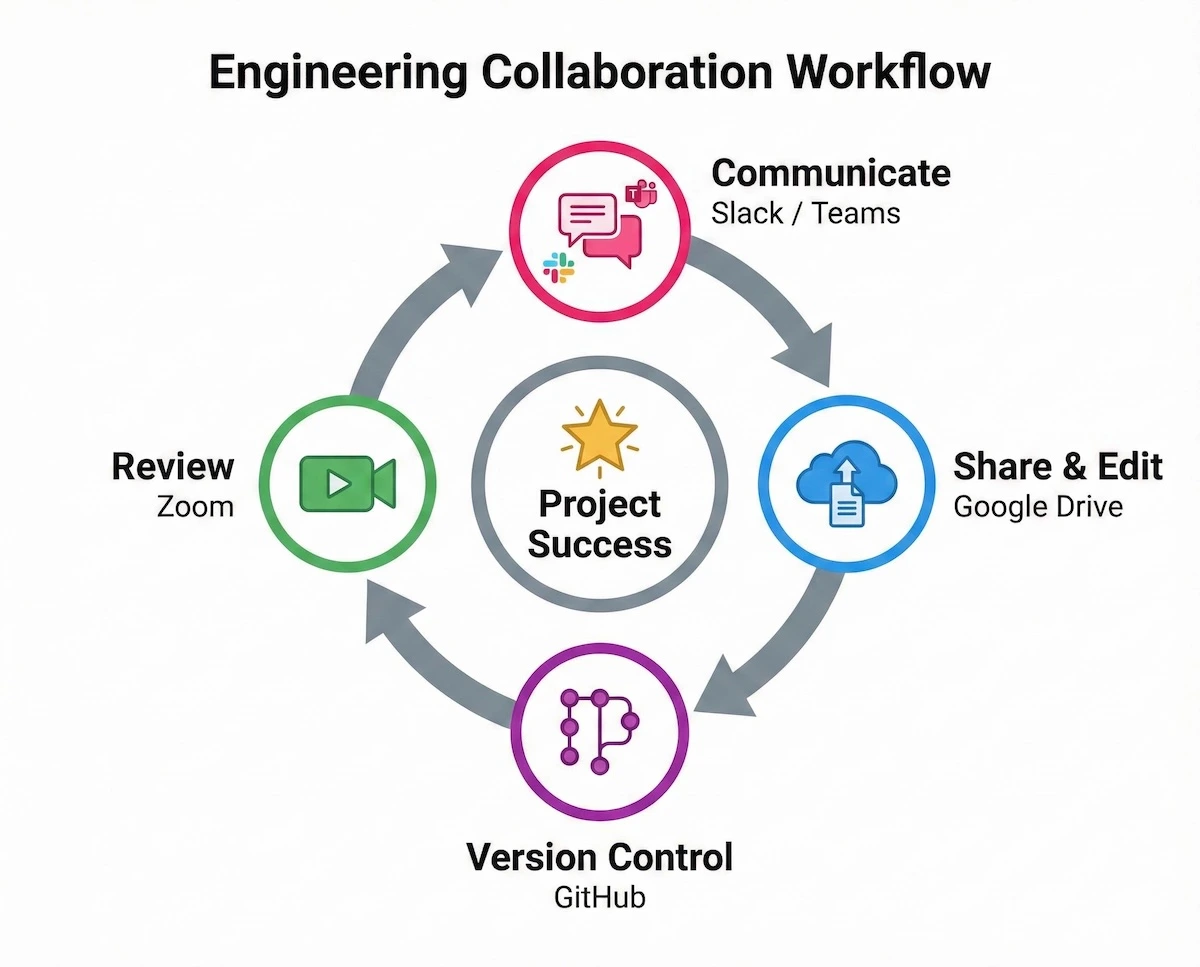 Circular diagram illustrating the engineering project collaboration cycle: Communicate via Slack, Share on Drive, Version Control on GitHub, and Review on Zoom.