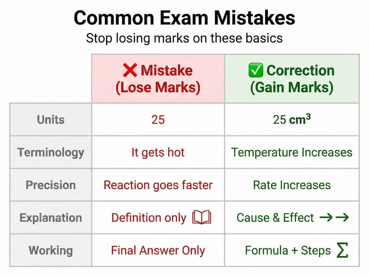 Comparison table of common exam mistakes vs correct answers: missing units, vague terminology, poor precision, and lack of working out.