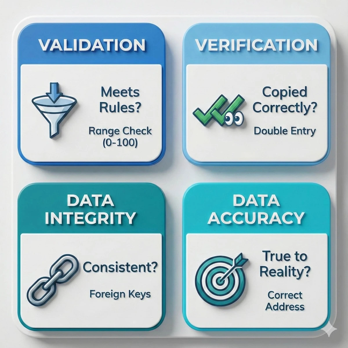 Matrix distinguishing between Validation vs Verification and Data Integrity vs Accuracy for A-Level Computer Science.