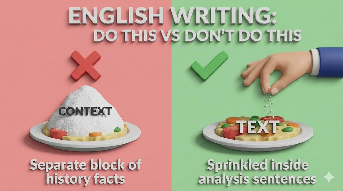 Visual illustration of the Salt Rule: comparing 'Context Dumping' (bad) with 'Sprinkling Context' (good) into English essays.