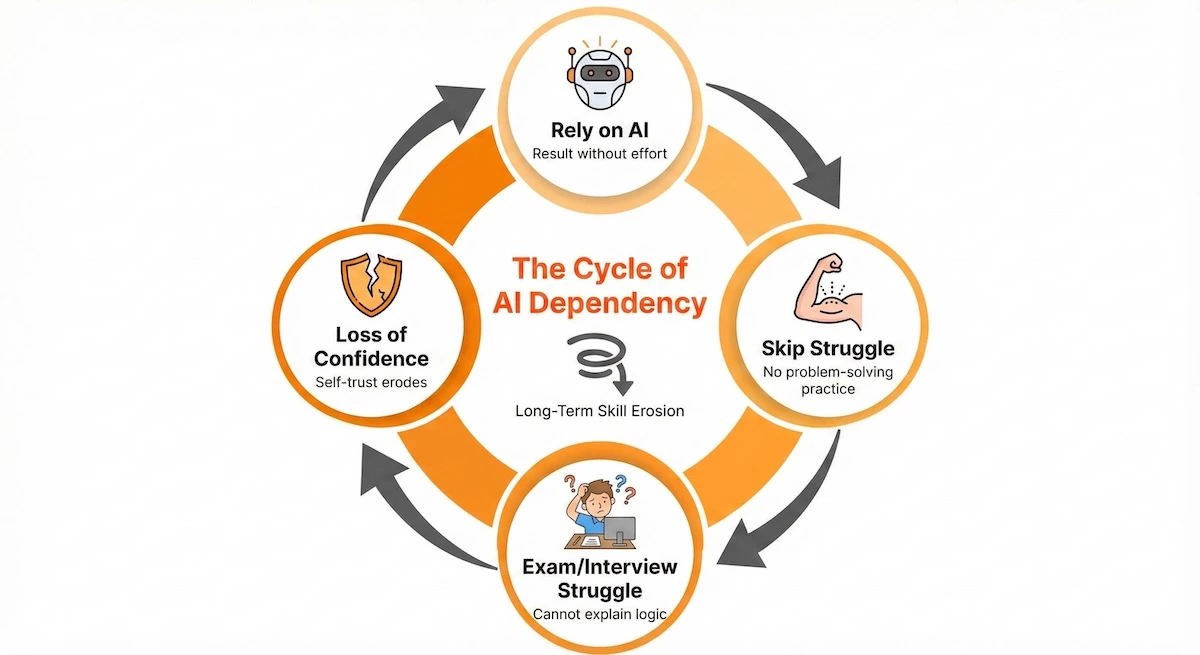 Circular flowchart showing the cycle of AI dependency: relying on AI leads to skipping struggle, causing exam struggles, loss of confidence, and further reliance.