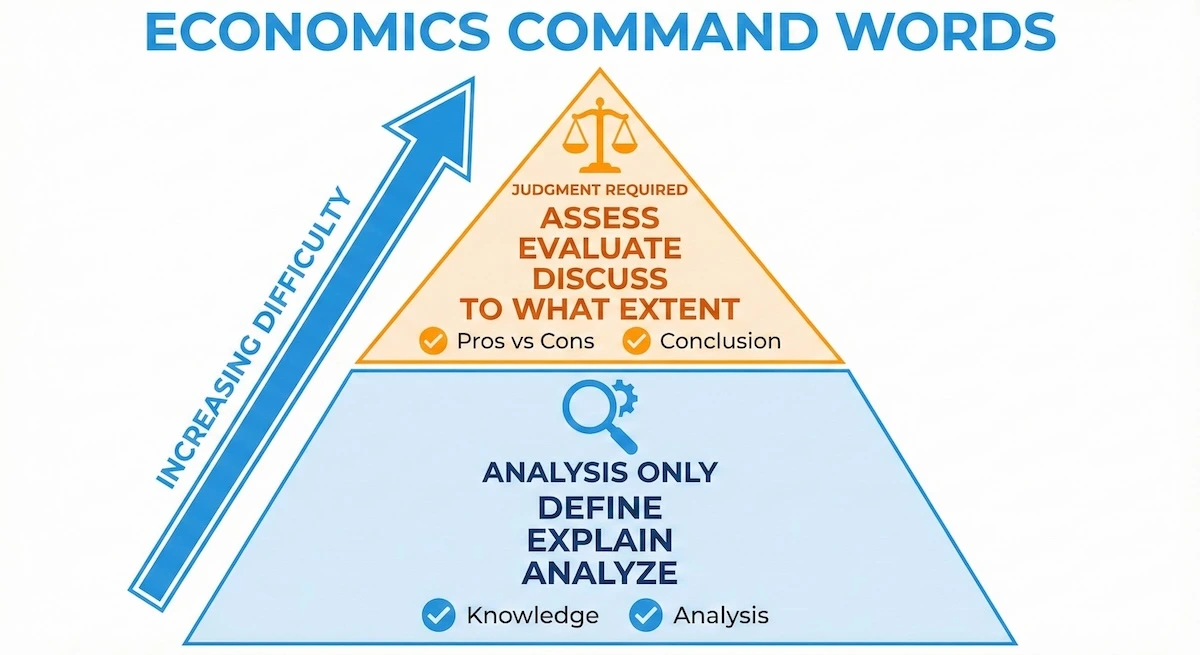 Infographic showing A-Level Economics command word hierarchy. Bottom tier: Define, Explain, Analyze (Analysis only). Top tier: Assess, Evaluate, Discuss (Evaluation required).