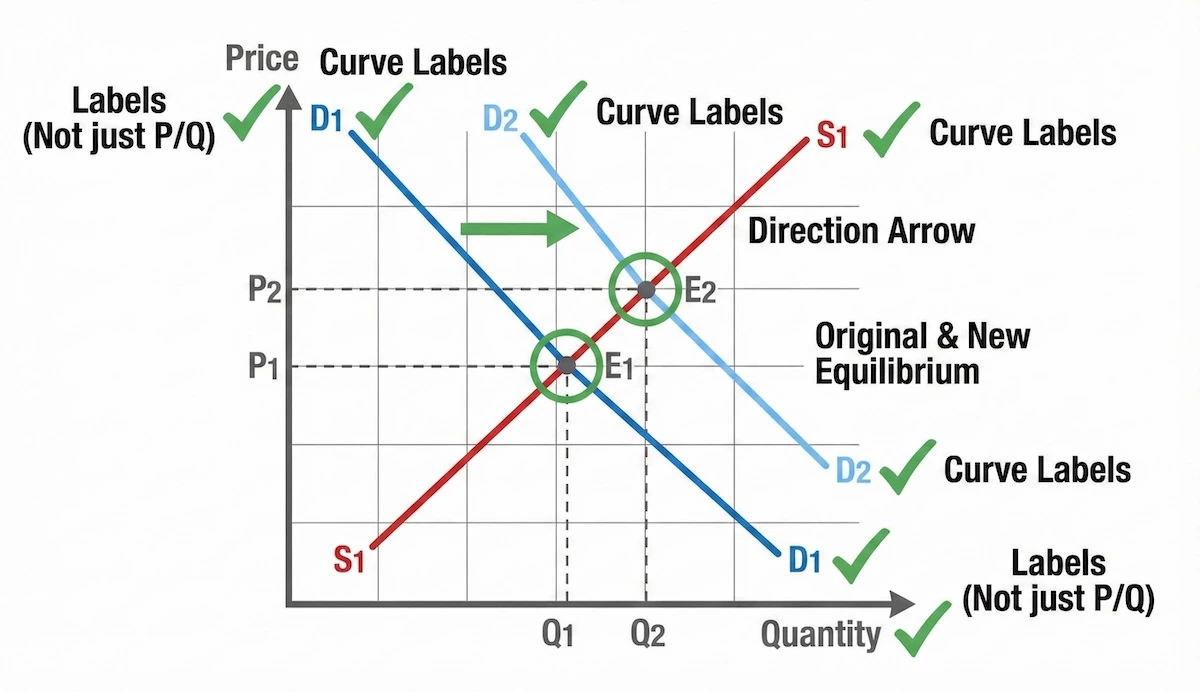 Anatomy of a full-mark economics diagram showing correctly labeled Price and Quantity axes, labeled curves, equilibrium points E1 and E2, and shift direction arrows.