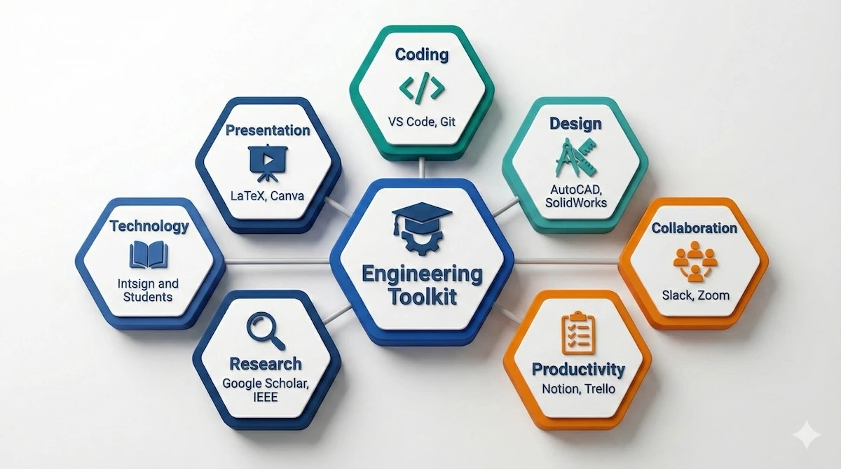 Circular infographic displaying six essential digital tool categories for engineering students: Coding, Design, Collaboration, Productivity, Research, and Presentation.