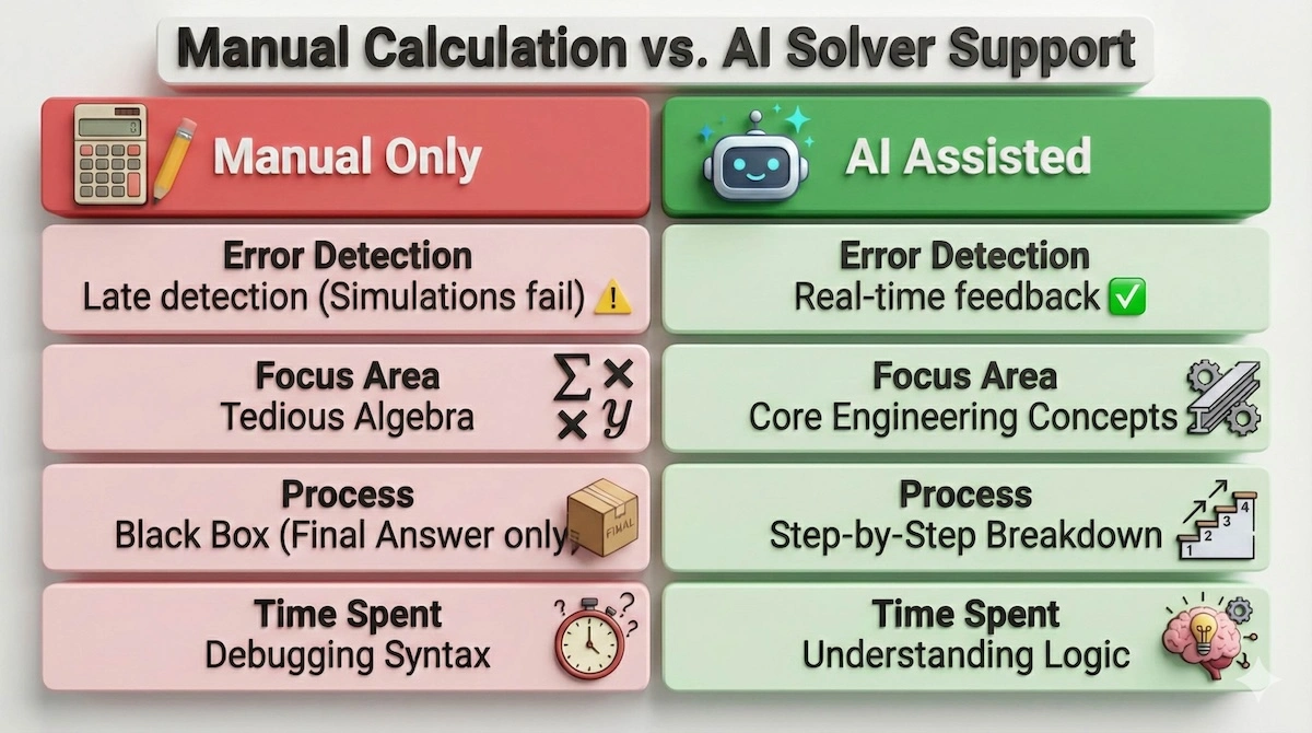 Comparison table showing differences between manual engineering calculations and AI-assisted problem solving, highlighting real-time error detection and conceptual focus.
