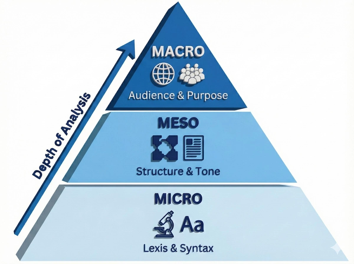 Pyramid diagram illustrating the 3-Layer Analysis Model: Micro (Lexis), Meso (Structure), and Macro (Purpose).