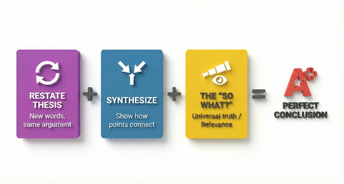 Formula for a perfect conclusion: Restate Thesis + Synthesize Points + Answer 'So What' = High Scoring Conclusion.