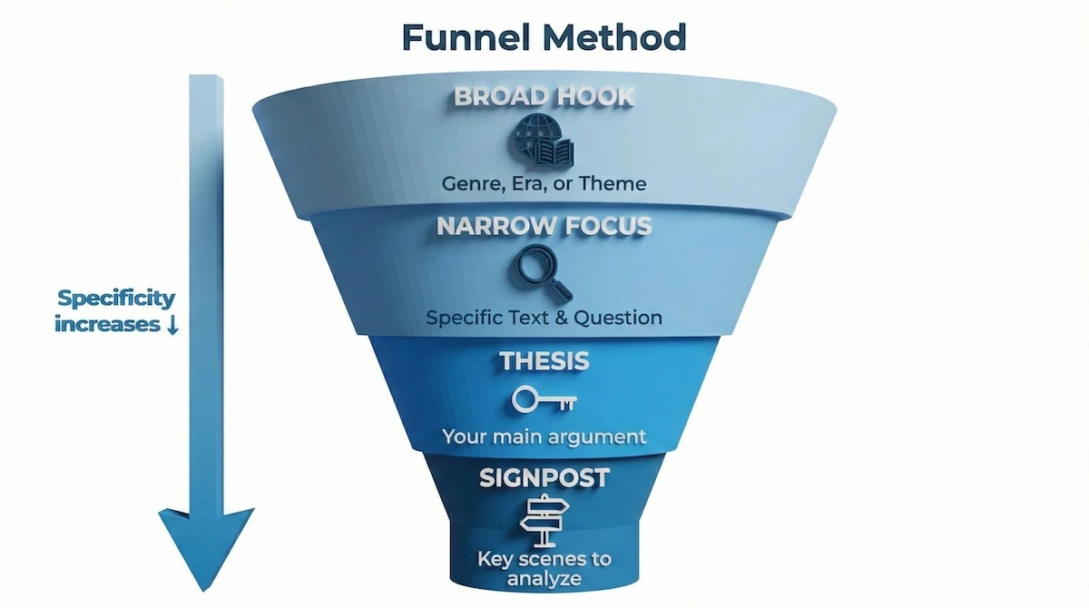 Funnel diagram illustrating the A-Level essay introduction structure: starting broad with a hook, narrowing to text focus, thesis, and signposting.