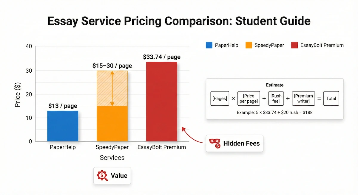 Bar chart comparing EssayBolt premium price ($33.74/page) to PaperHelp ($13/page) and SpeedyPaper ($15–30/page), plus example cost formula.