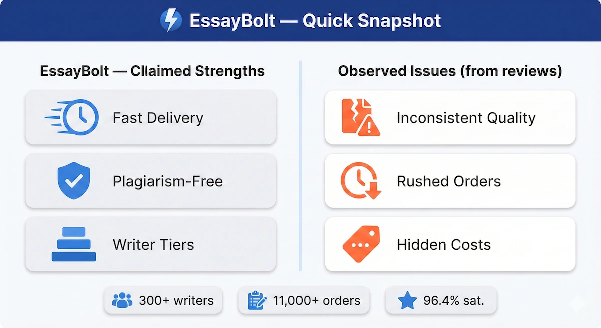 Snapshot infographic comparing EssayBolt claimed strengths (fast, plagiarism-free, writer tiers) with observed issues (inconsistent quality, rushed orders, hidden costs).