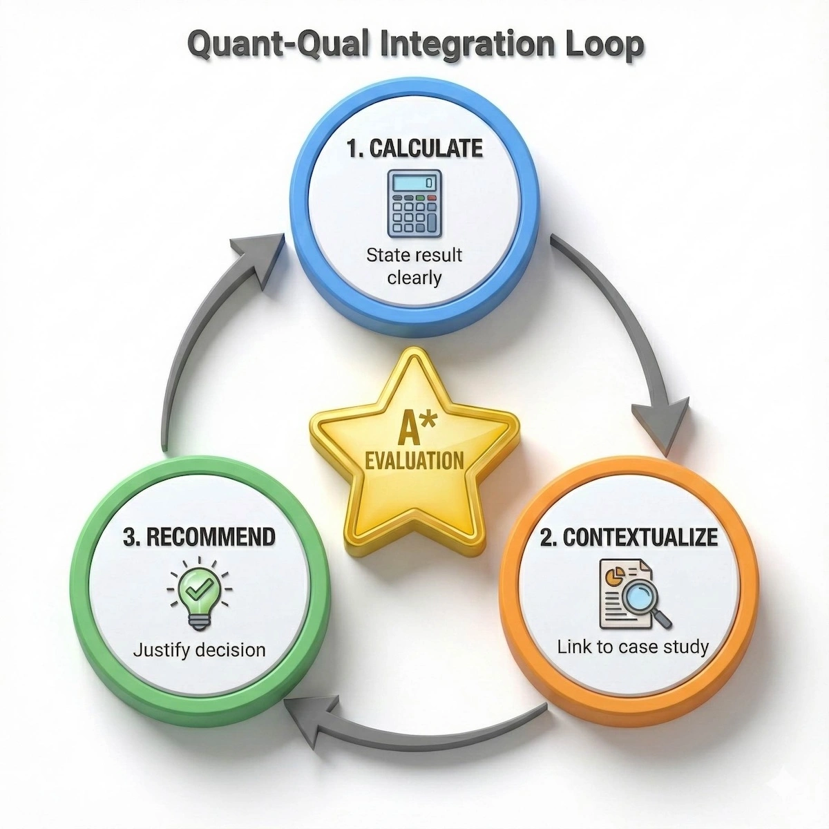 Circular process diagram showing the calculation, contextualization, and recommendation loop for A-Level Business exams.