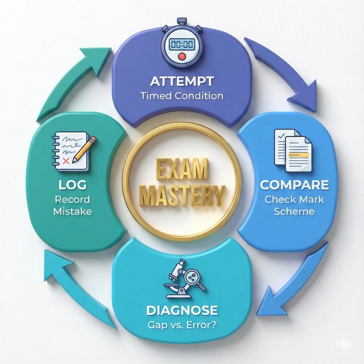 Circular diagram showing the 4-step practice strategy: Attempt, Compare, Diagnose, and Log.