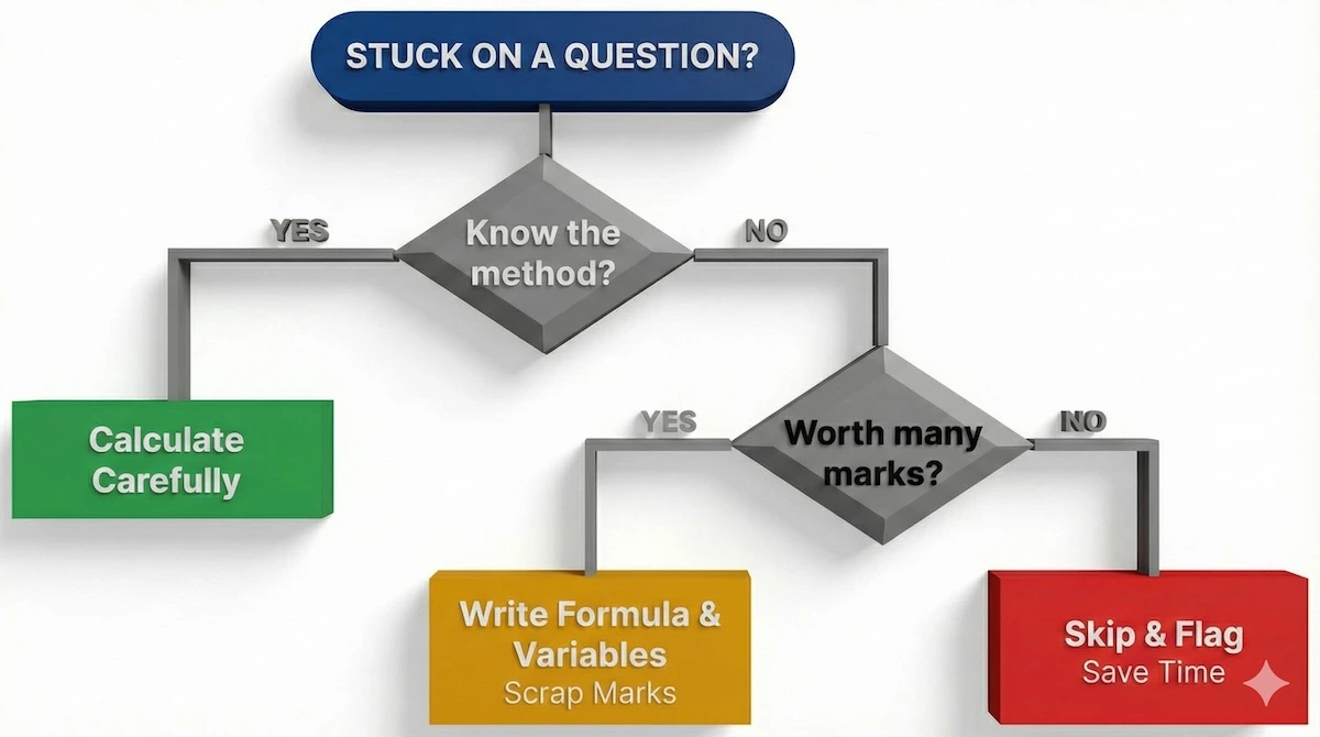 Exam strategy decision tree showing what to do when stuck: calculate if method is known, attempt formula marks if high value, or skip if low value.