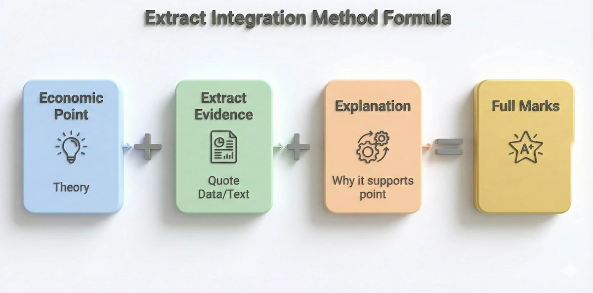 Visual formula for answering data response questions: Economic Point + Extract Evidence + Explanation = Full Marks.
