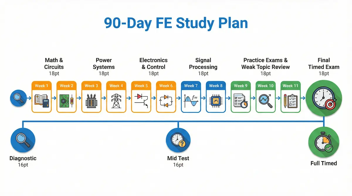 90-day FE study timeline with weekly topics, diagnostic, midterm and final timed exams for focused preparation.
