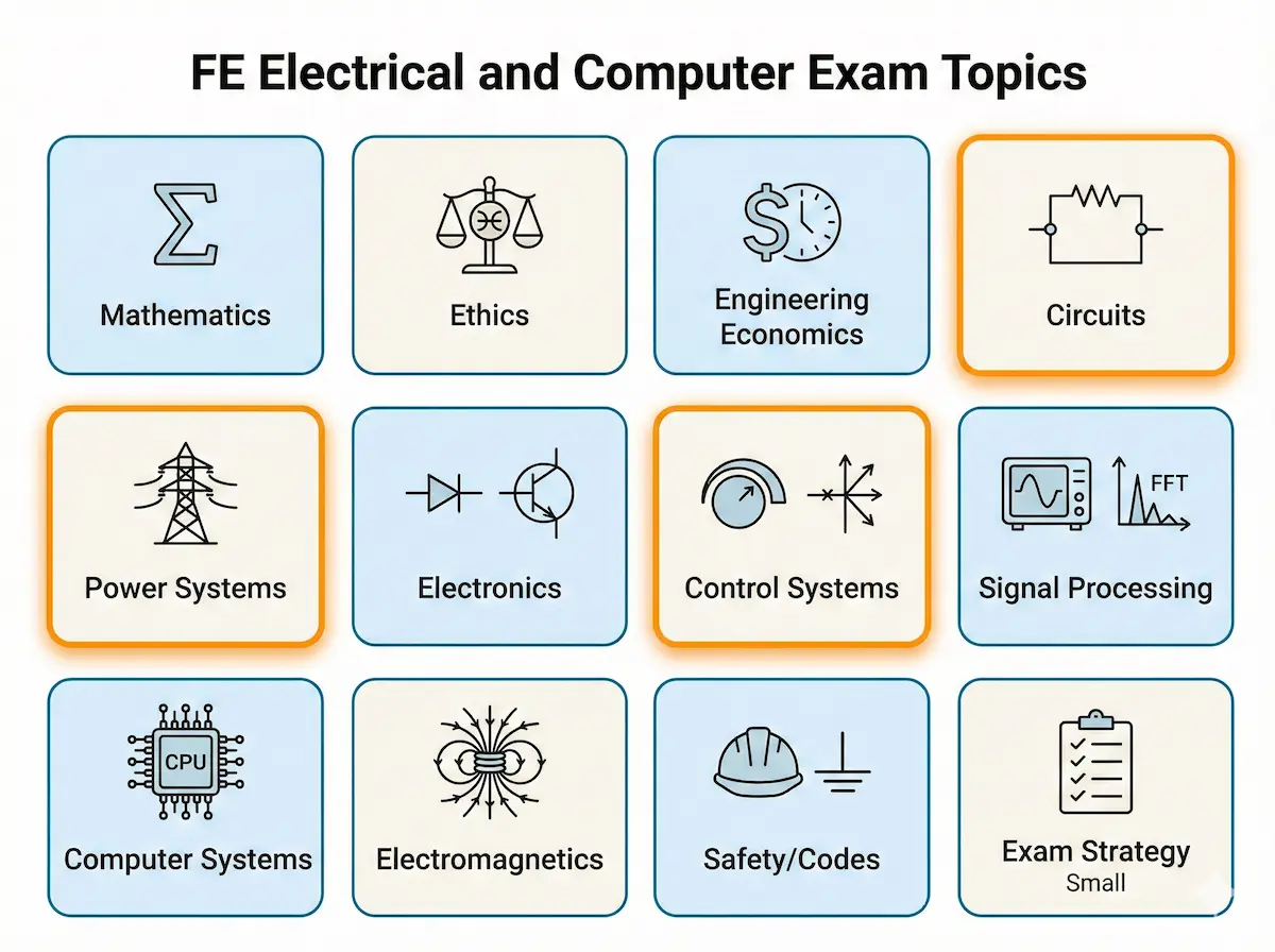 Grid showing FE Electrical exam topics including circuits, power, control, signal processing and more.