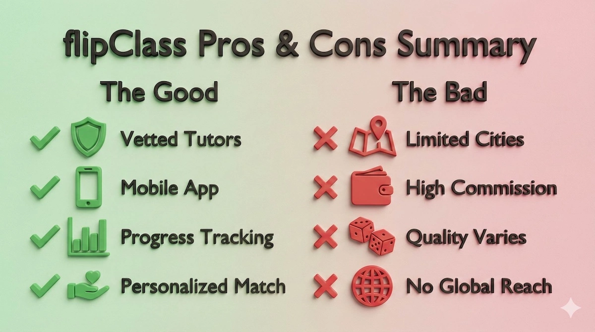 Pros and cons list for flipClass, highlighting vetted tutors as a strength and limited geographic reach as a weakness.