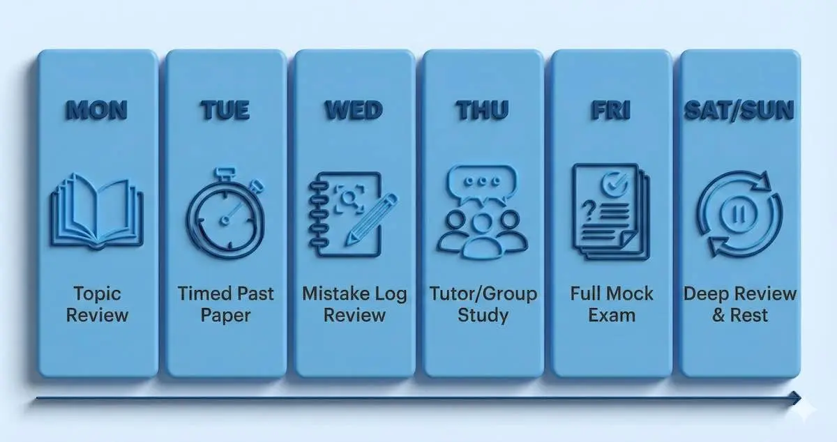 Weekly revision schedule for A Level Further Maths: Topic review on Monday, Past papers on Tuesday, Mistake logs on Wednesday, and Mock exams on Friday.