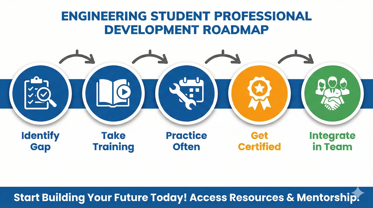 Five-step horizontal roadmap showing how engineers build a generalist edge: identify gap, take training, practice, certify, integrate.