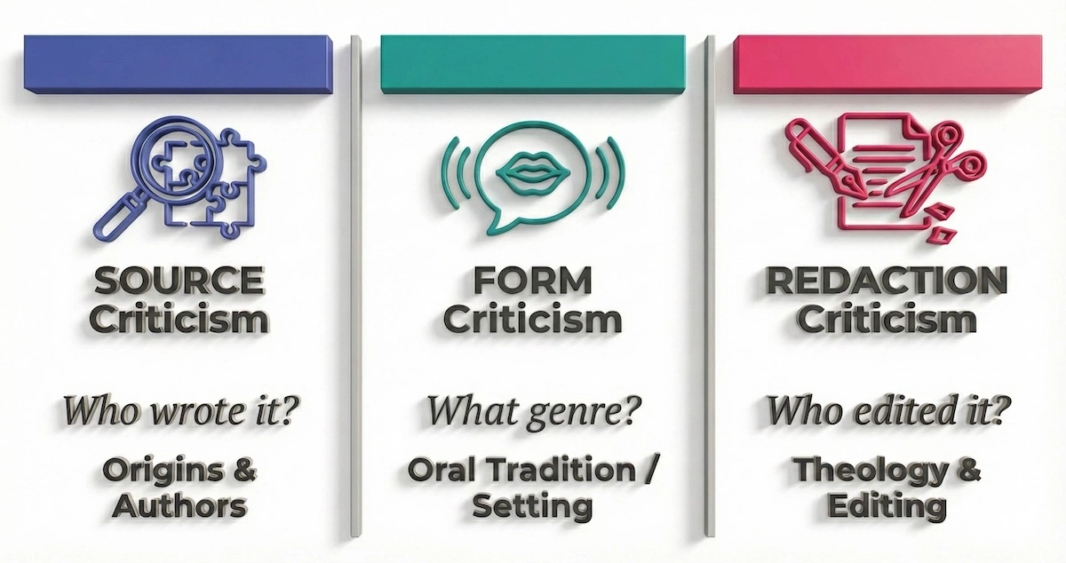 Three-column chart defining Source Criticism, Form Criticism, and Redaction Criticism with key questions and focus areas for Biblical Studies textual analysis.